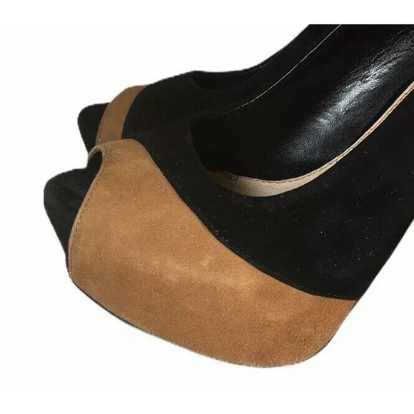 H by Halston Black Camel Brown Leather Peep Toe High Heel Stiletto Pumps Sz 8.5 - Picture 2 of 8
